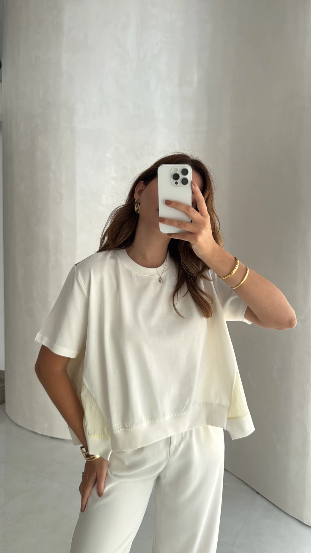 Poplin Detay Büzgülü T-shirt - Ekru - Kod: 1044