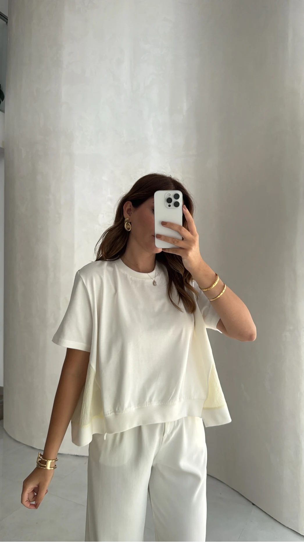 Poplin Detay Büzgülü T-shirt - Ekru - Kod: 1044
