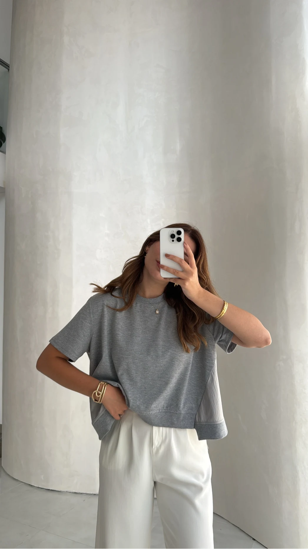 Poplin Detay Büzgülü T-shirt - Gri - Kod: 1044