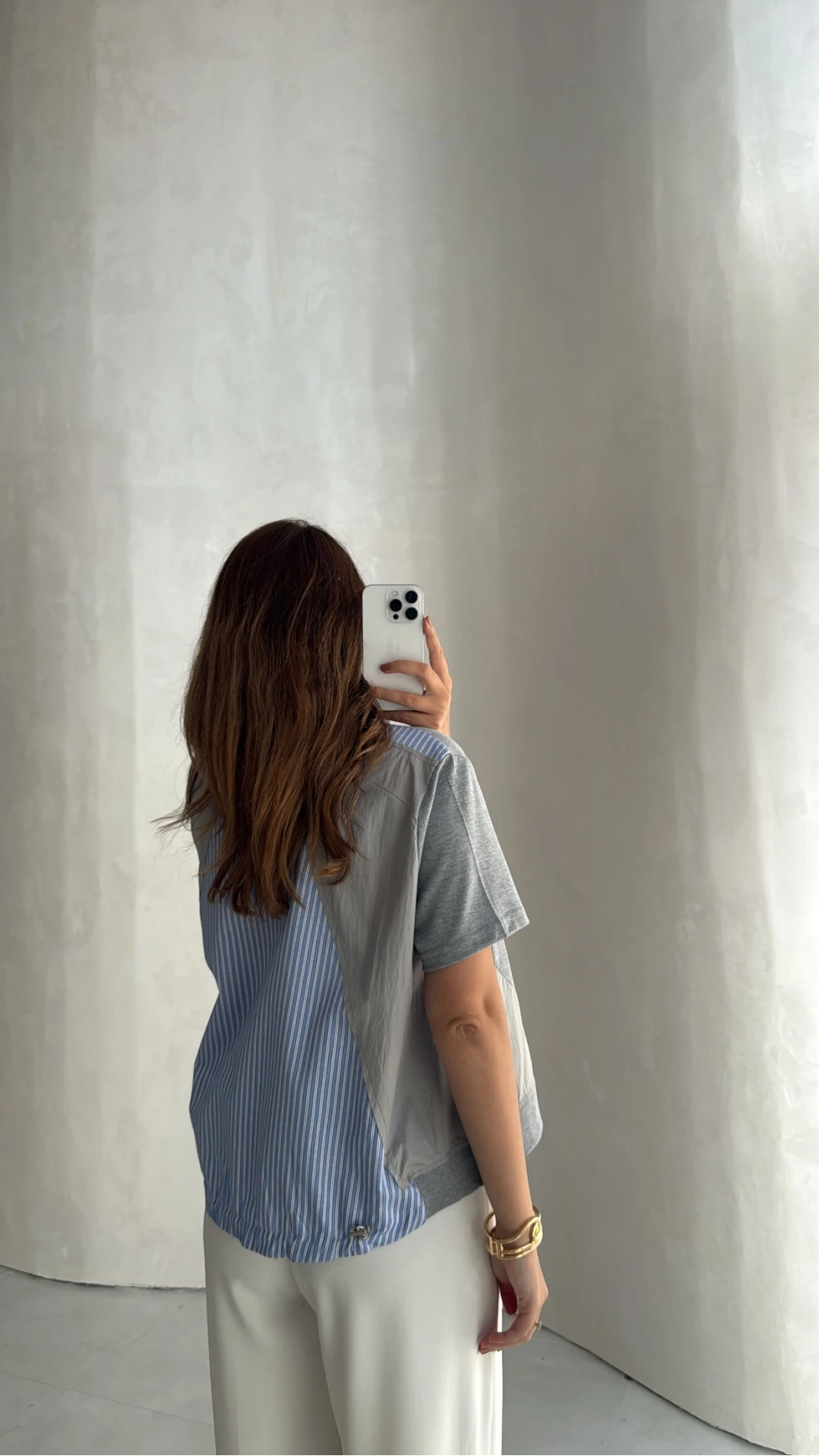 Poplin Detay Büzgülü T-shirt - Gri - Kod: 1044