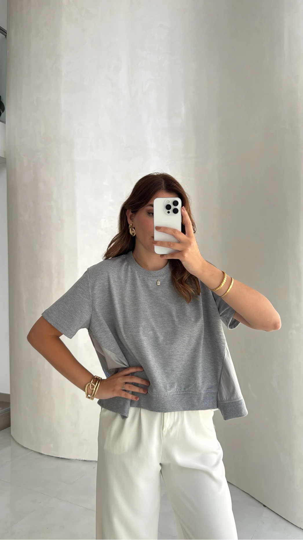 Poplin Detay Büzgülü T-shirt - Gri - Kod: 1044