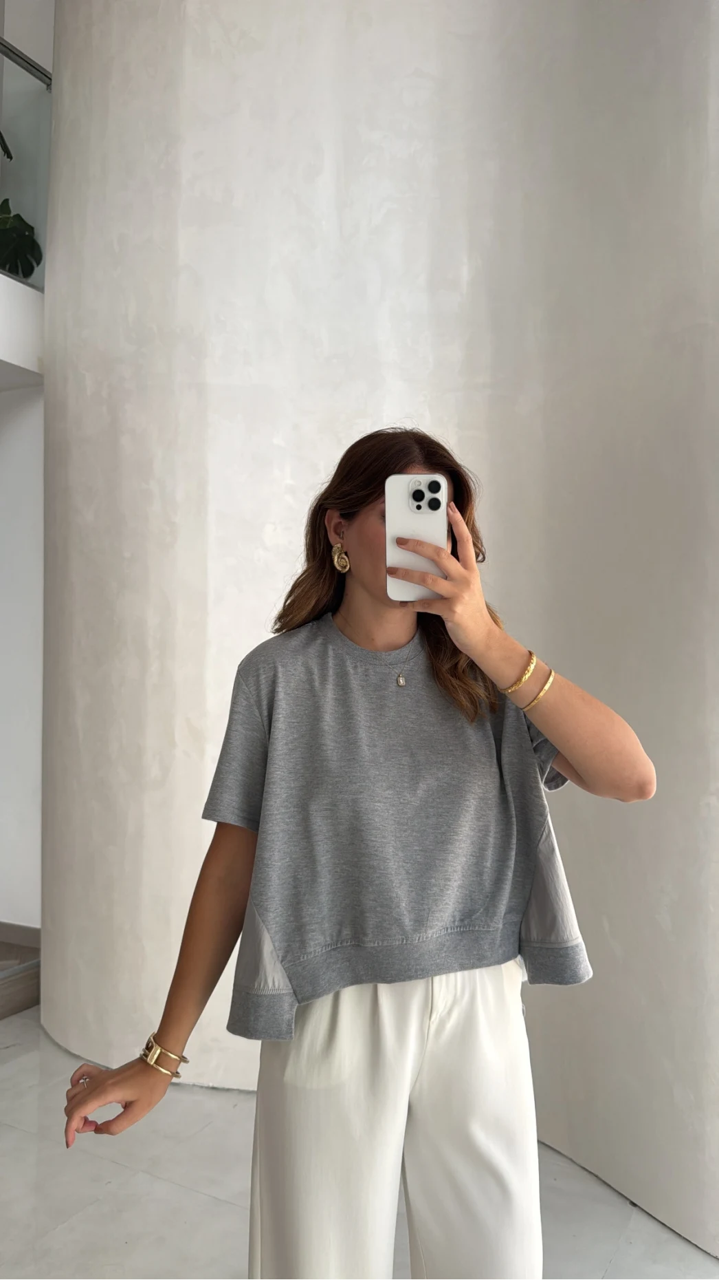 Poplin Detay Büzgülü T-shirt - Gri - Kod: 1044