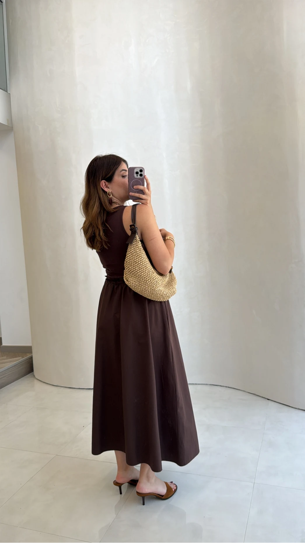 Poplin Etekli Elbise - Kahve - Kod: 4159