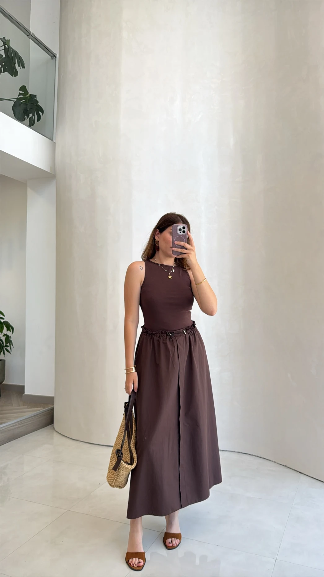 Poplin Etekli Elbise - Kahve - Kod: 4159