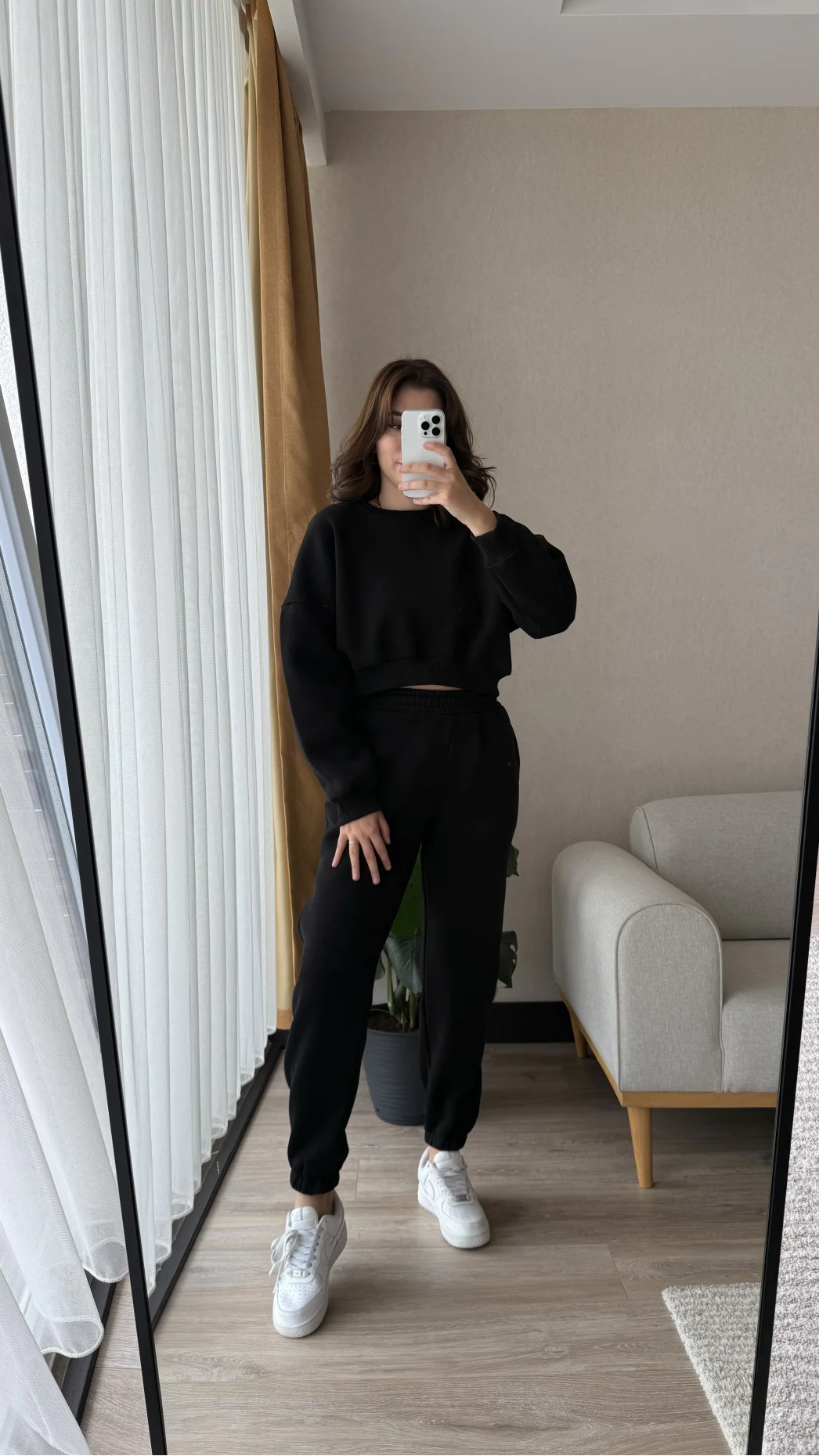 Power Siyah Bisiklet Yaka Crop Sweat 3 İplik Eşofman Takımı