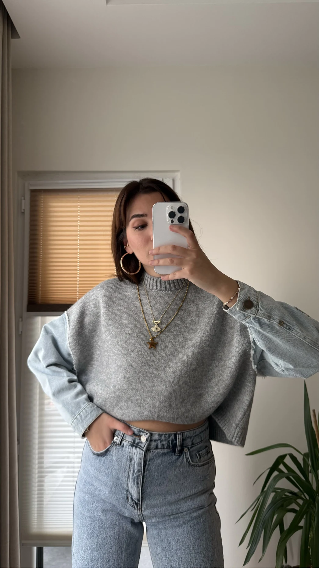 Premium Gri Denim Detay Kazak