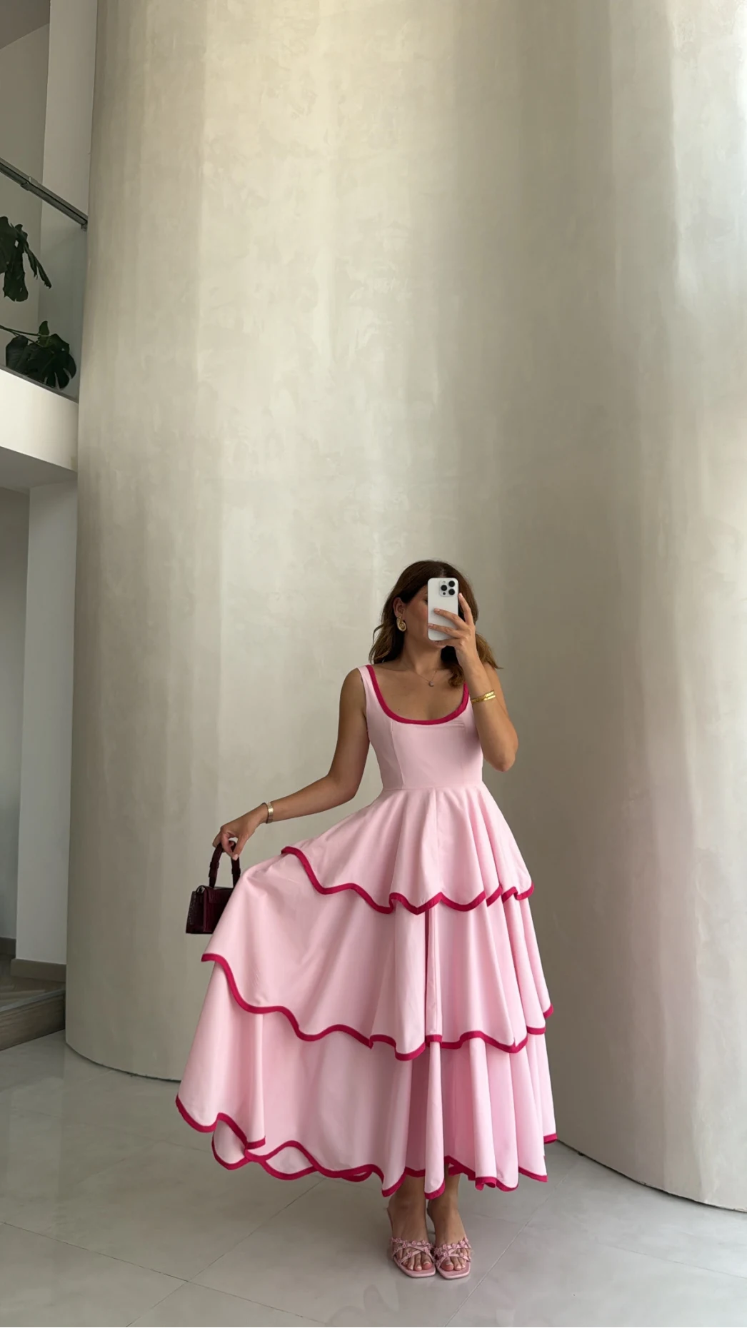 Premium Kalın Askılı Kat Kat Elbise - Pembe - Kod: 1070