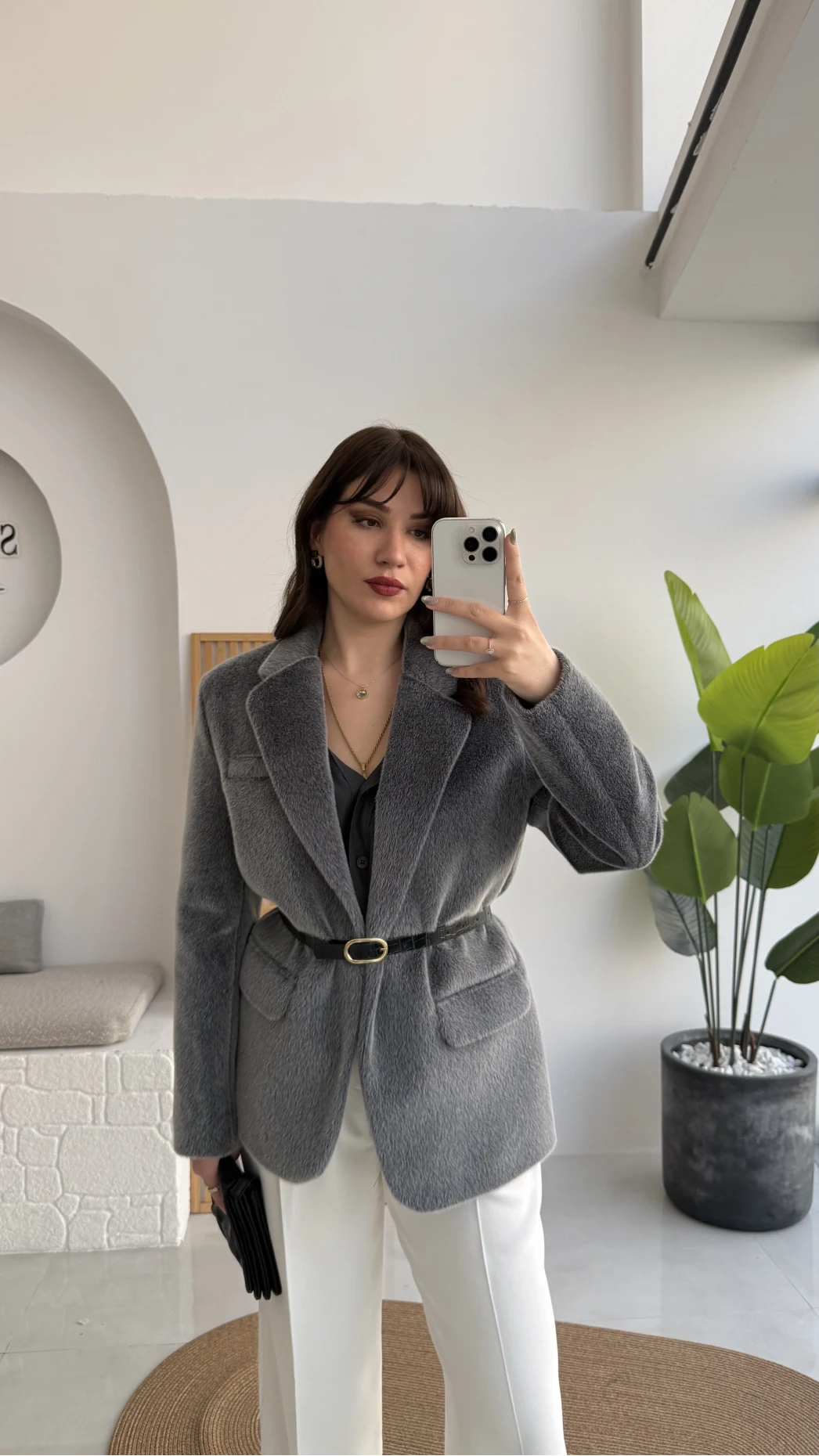 Premium Kemerli Vatkalı Peluş Ceket - Antrasit - Kod: 9490