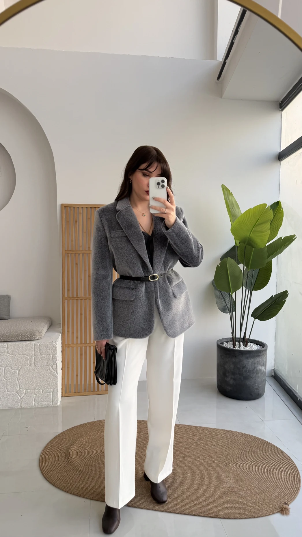 Premium Kemerli Vatkalı Peluş Ceket - Antrasit - Kod: 9490