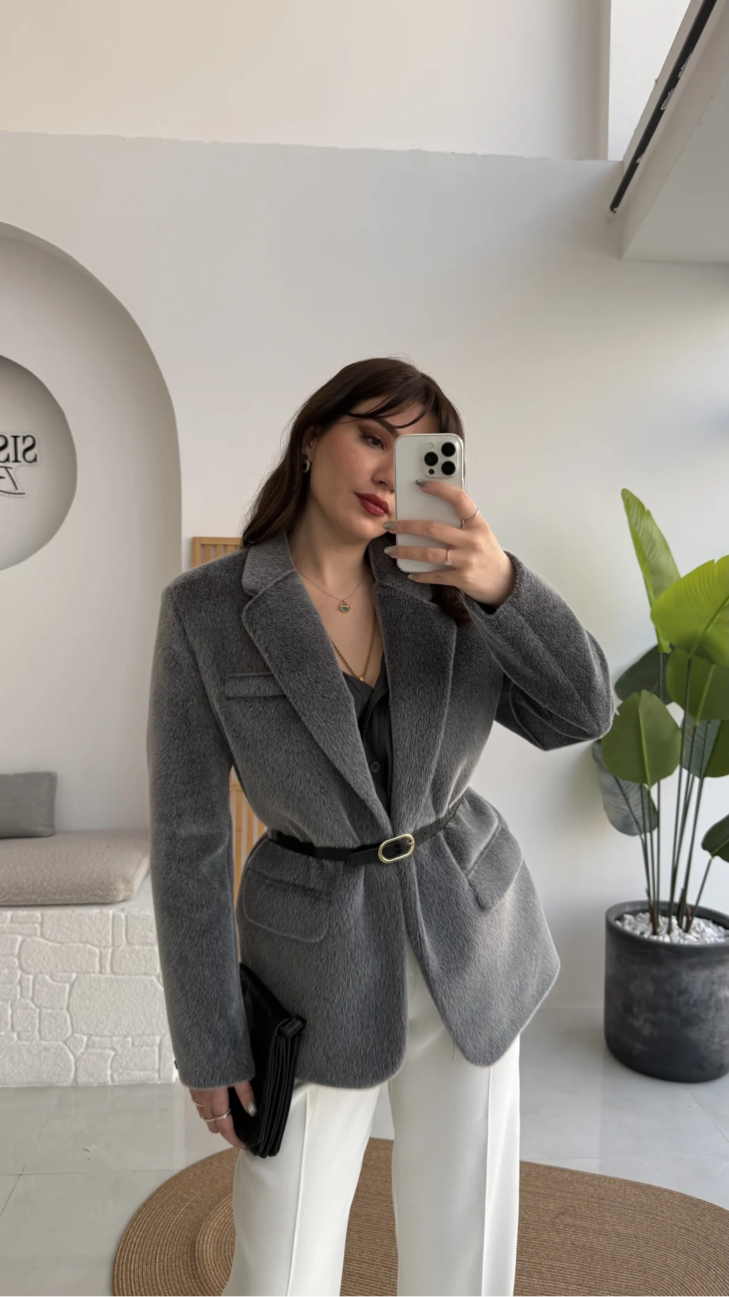 Premium Kemerli Vatkalı Peluş Ceket - Antrasit - Kod: 9490