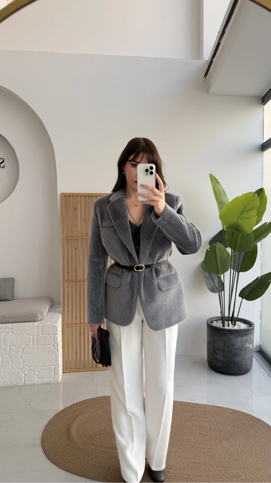 Premium Kemerli Vatkalı Peluş Ceket - Antrasit - Kod: 9490