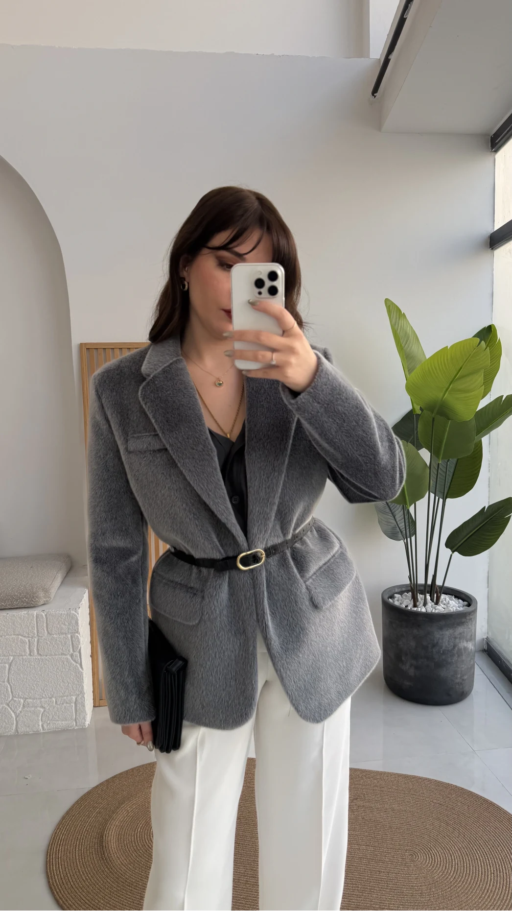 Premium Kemerli Vatkalı Peluş Ceket - Antrasit - Kod: 9490