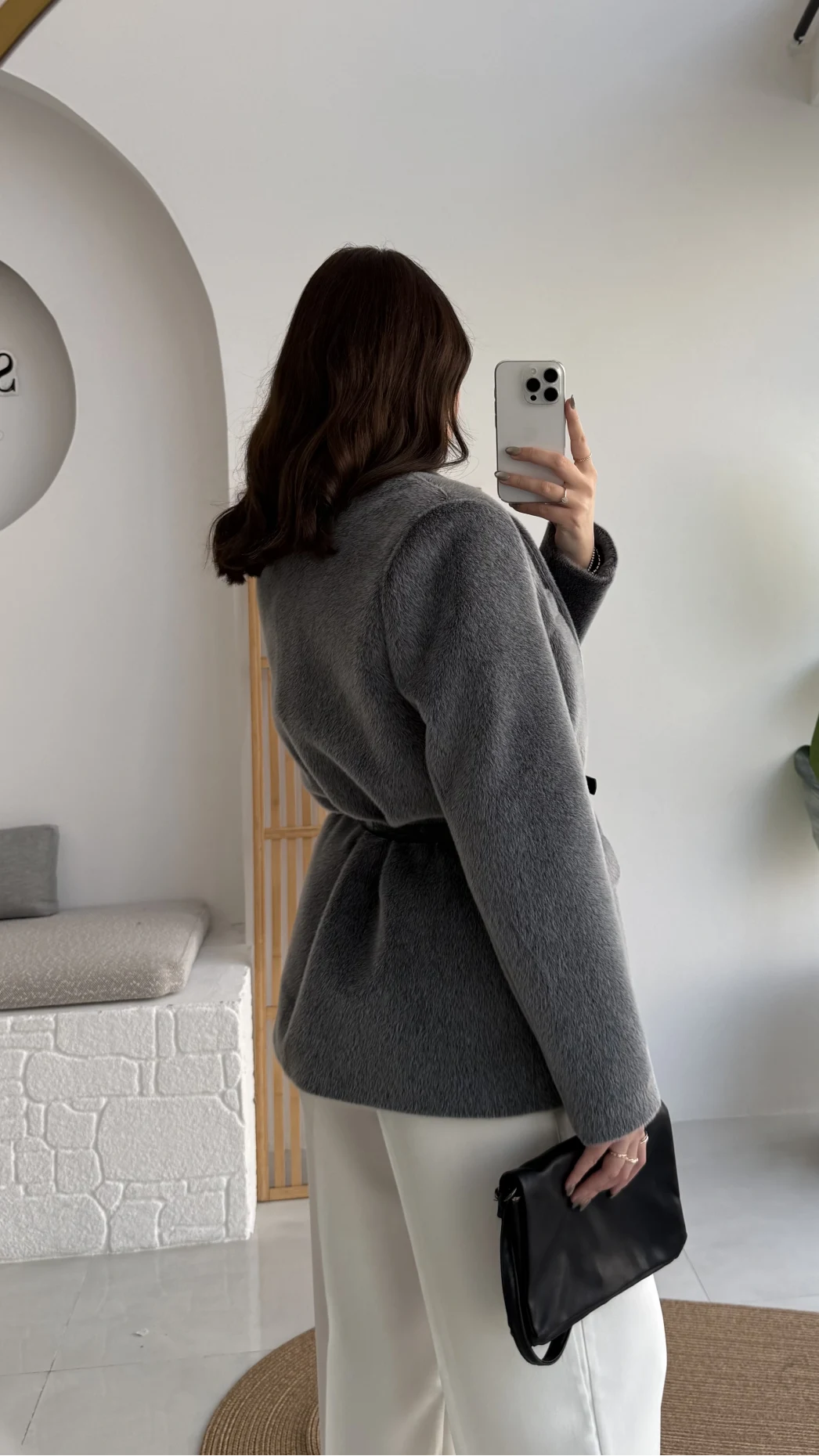 Premium Kemerli Vatkalı Peluş Ceket - Antrasit - Kod: 9490