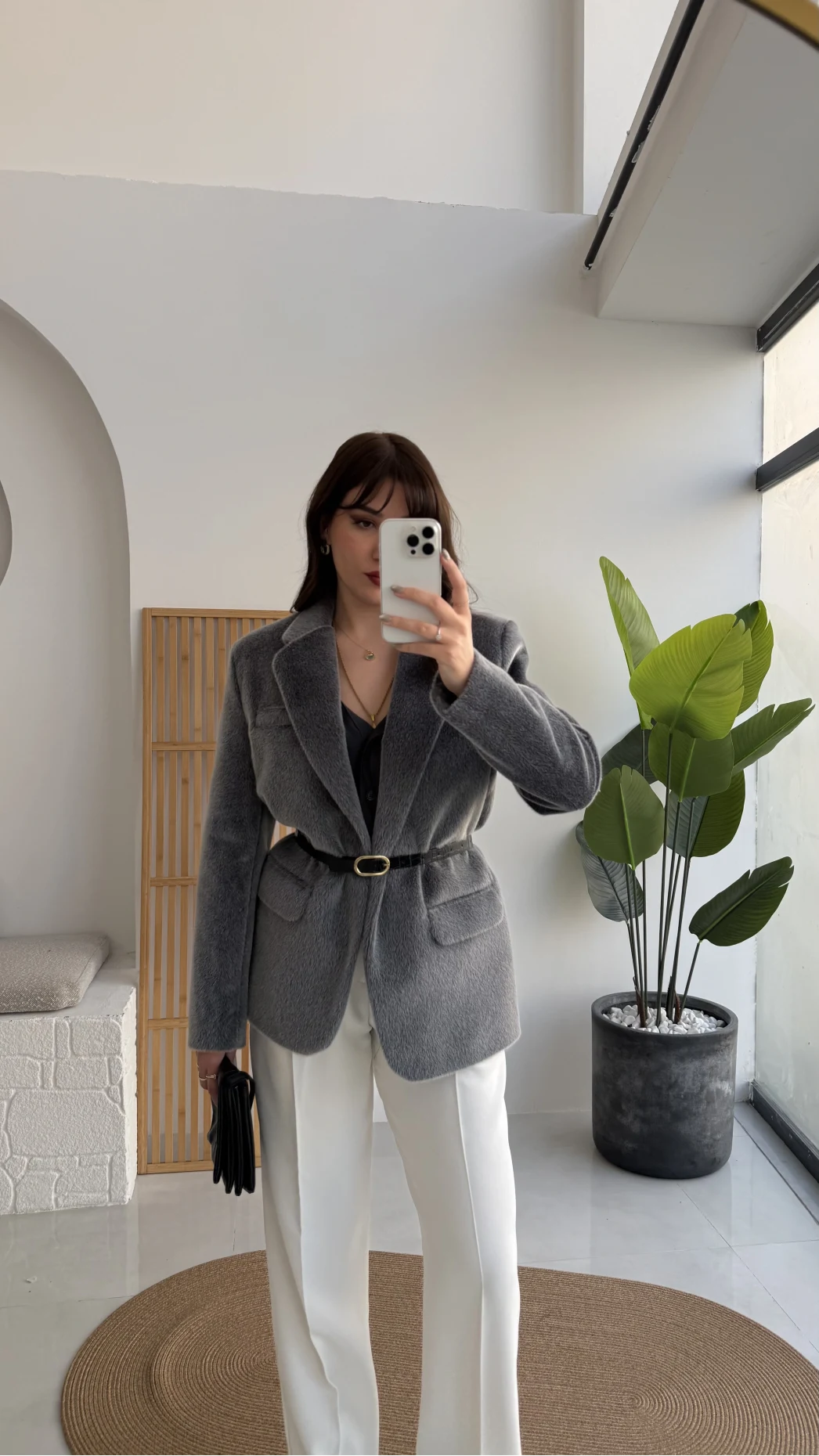 Premium Kemerli Vatkalı Peluş Ceket - Antrasit - Kod: 9490