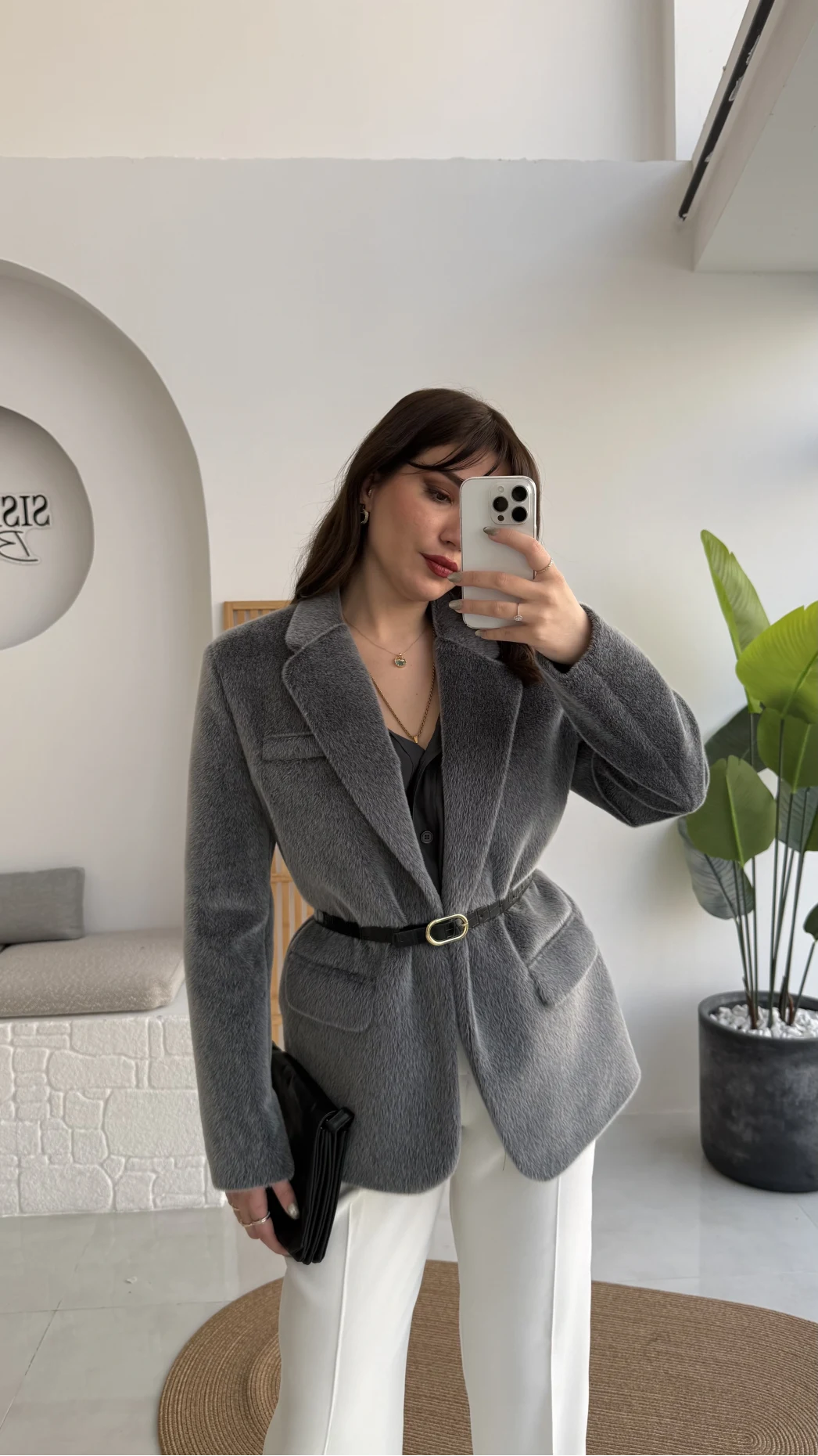 Premium Kemerli Vatkalı Peluş Ceket - Antrasit - Kod: 9490