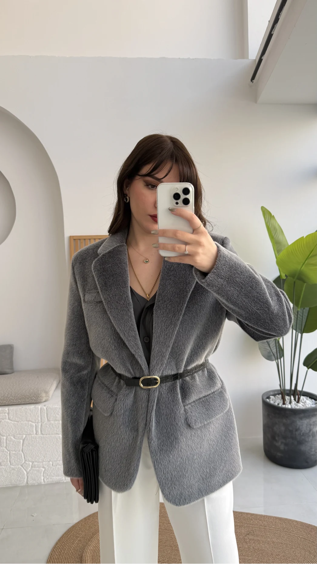 Premium Kemerli Vatkalı Peluş Ceket - Antrasit - Kod: 9490