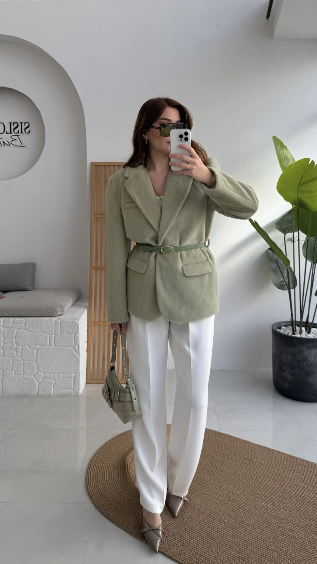 Premium Kemerli Vatkalı Peluş Ceket - Yeşil - Kod: 9490