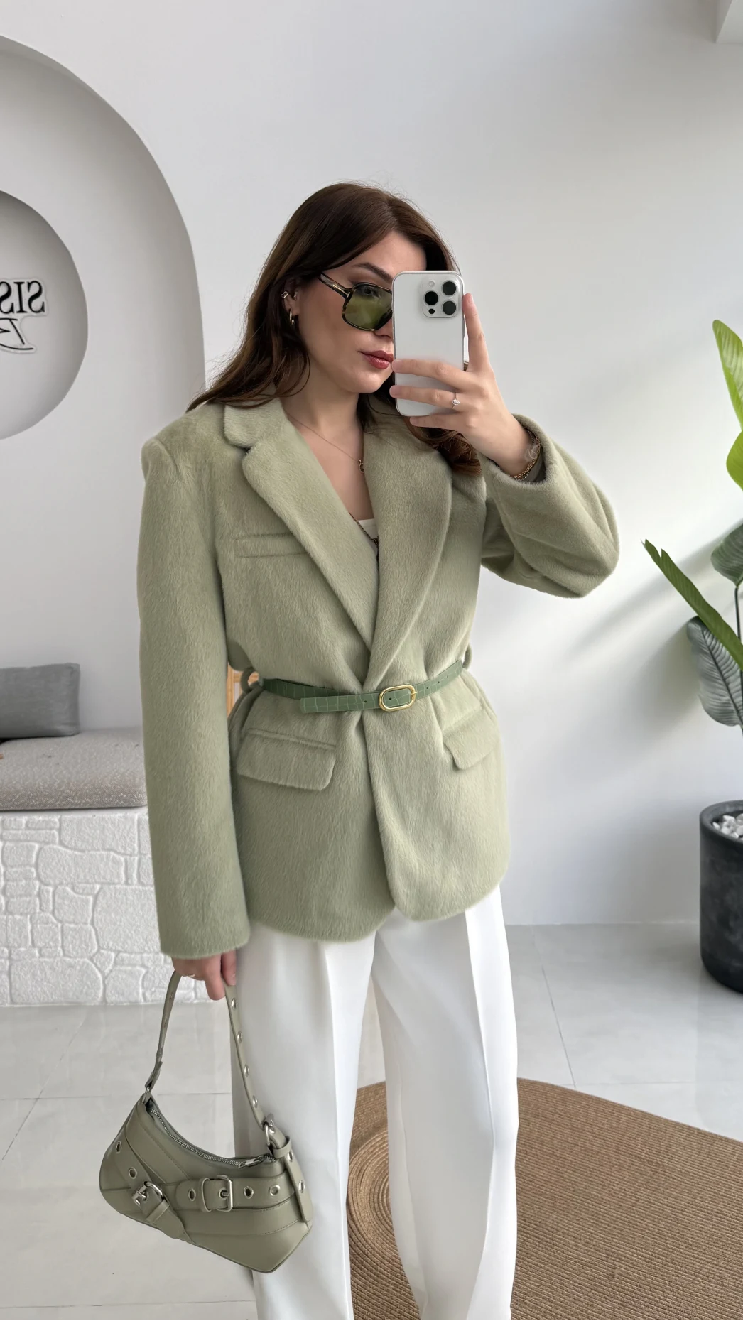 Premium Kemerli Vatkalı Peluş Ceket - Yeşil - Kod: 9490