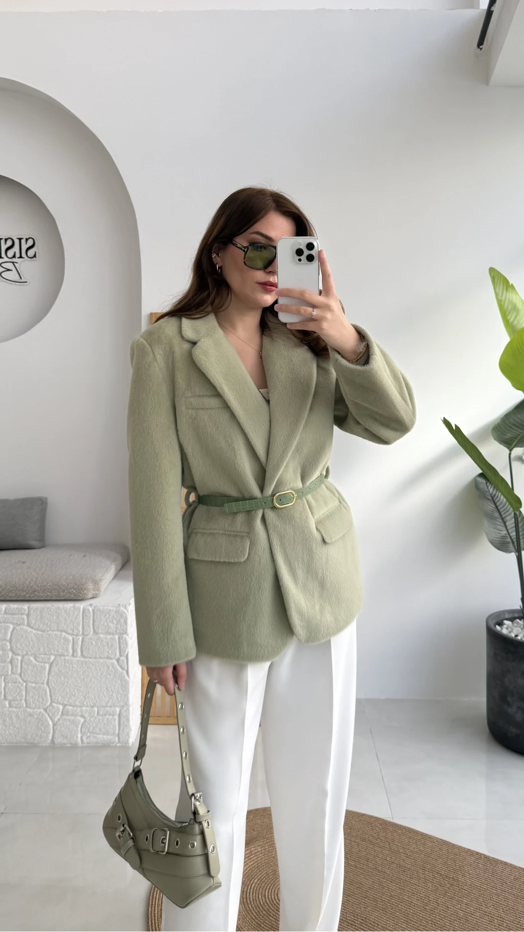 Premium Kemerli Vatkalı Peluş Ceket - Yeşil - Kod: 9490