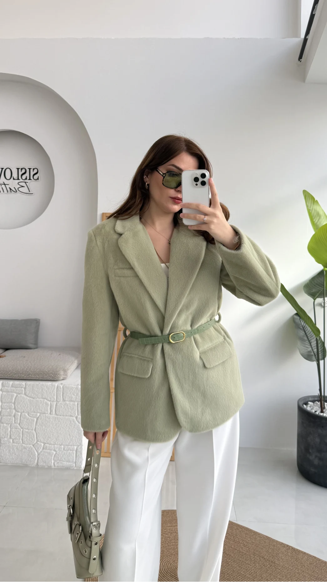 Premium Kemerli Vatkalı Peluş Ceket - Yeşil - Kod: 9490