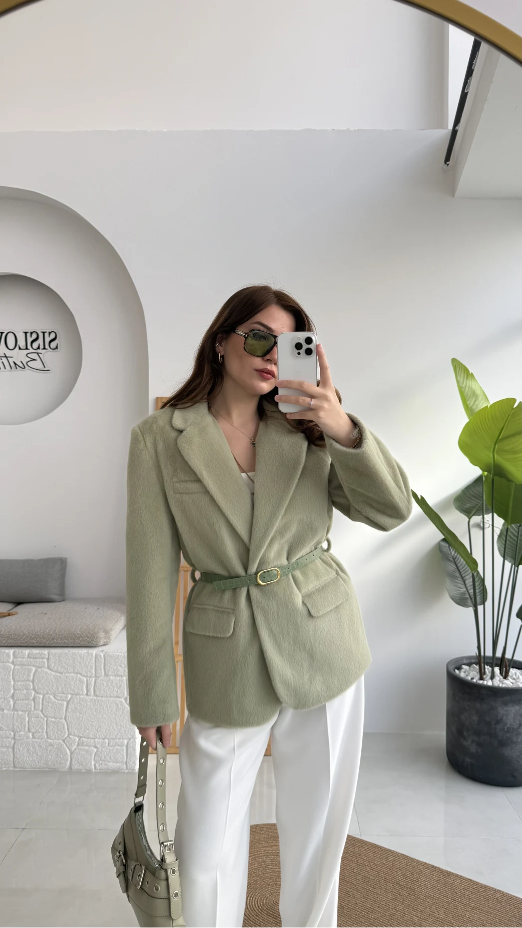 Premium Kemerli Vatkalı Peluş Ceket - Yeşil - Kod: 9490