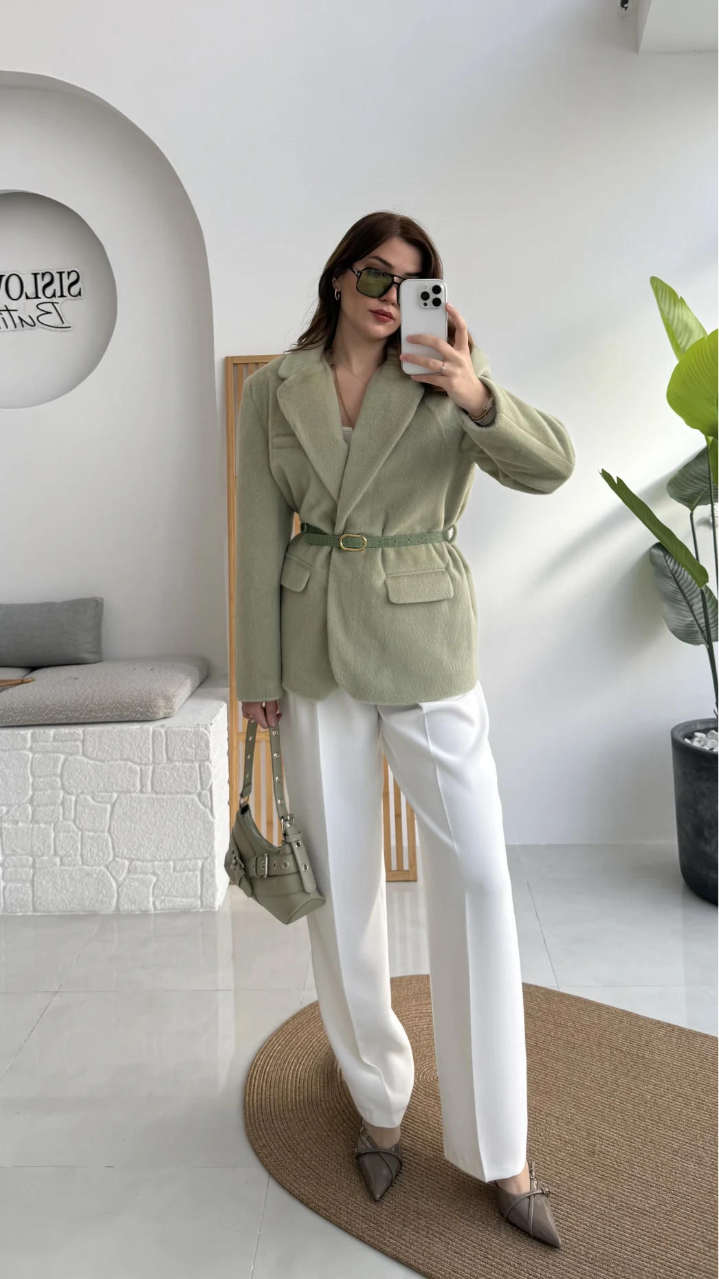 Premium Kemerli Vatkalı Peluş Ceket - Yeşil - Kod: 9490