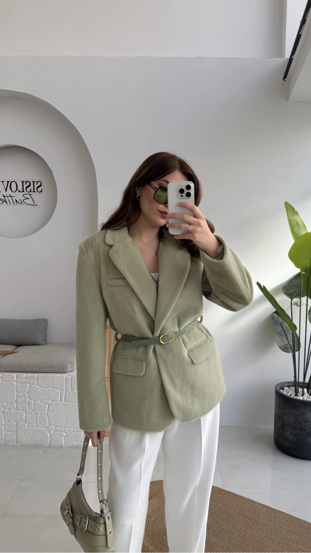 Premium Kemerli Vatkalı Peluş Ceket - Yeşil - Kod: 9490