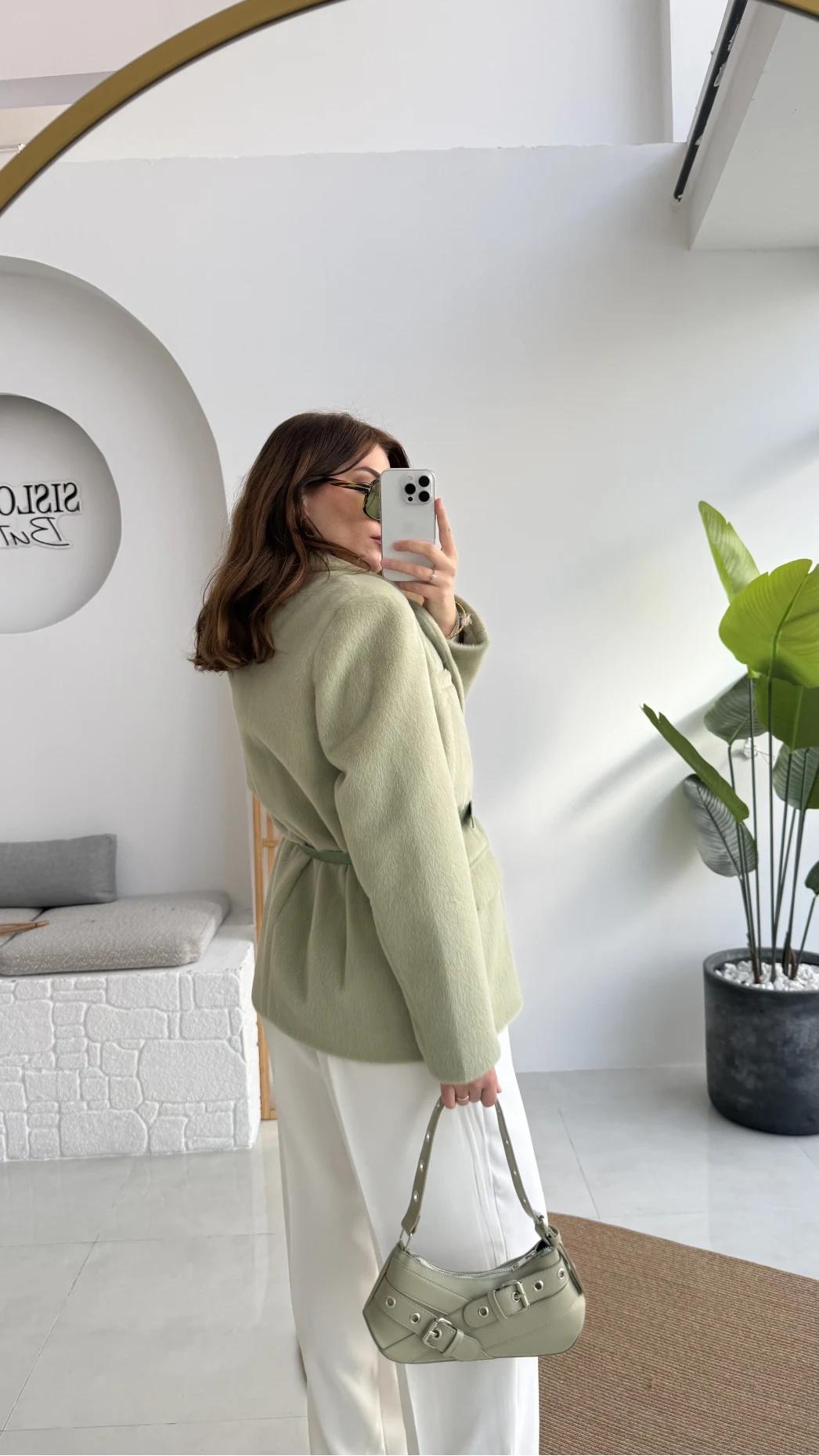 Premium Kemerli Vatkalı Peluş Ceket - Yeşil - Kod: 9490