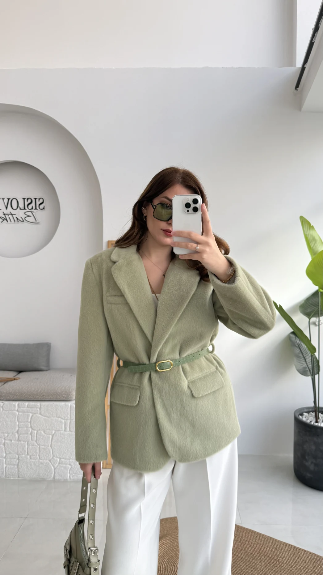 Premium Kemerli Vatkalı Peluş Ceket - Yeşil - Kod: 9490