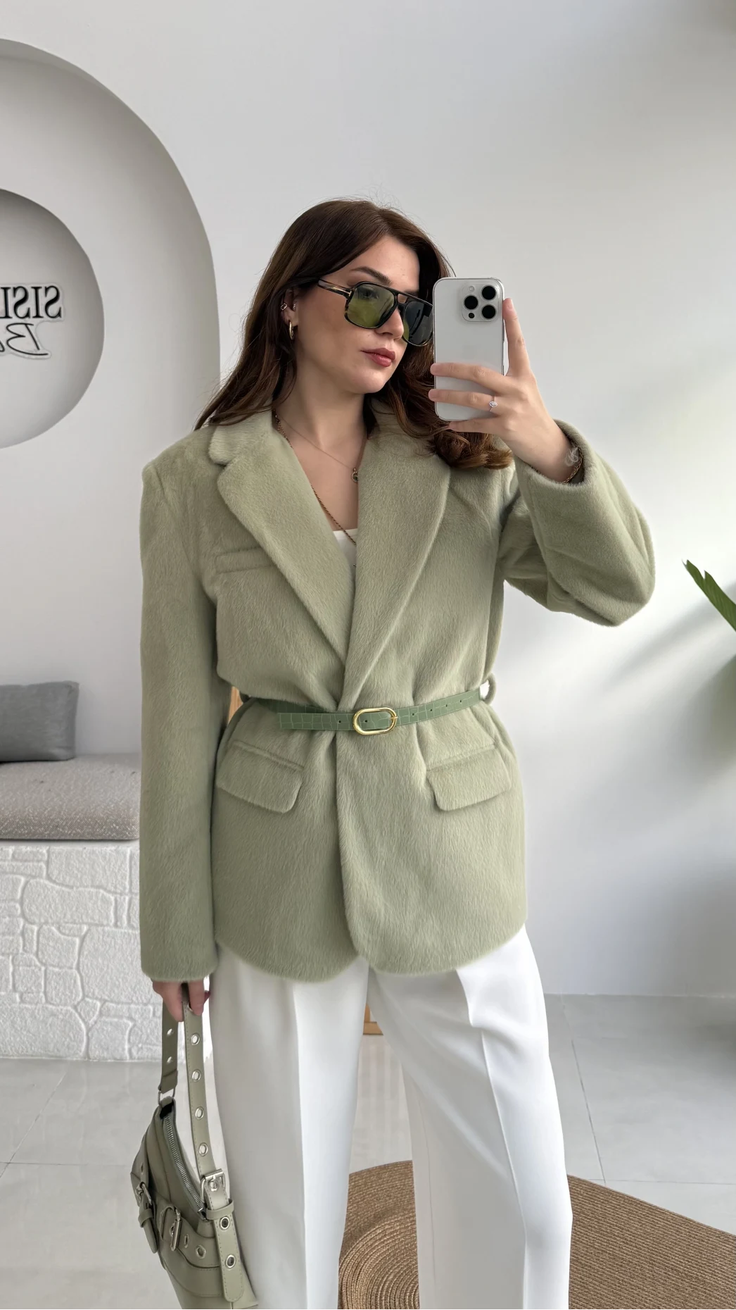 Premium Kemerli Vatkalı Peluş Ceket - Yeşil - Kod: 9490