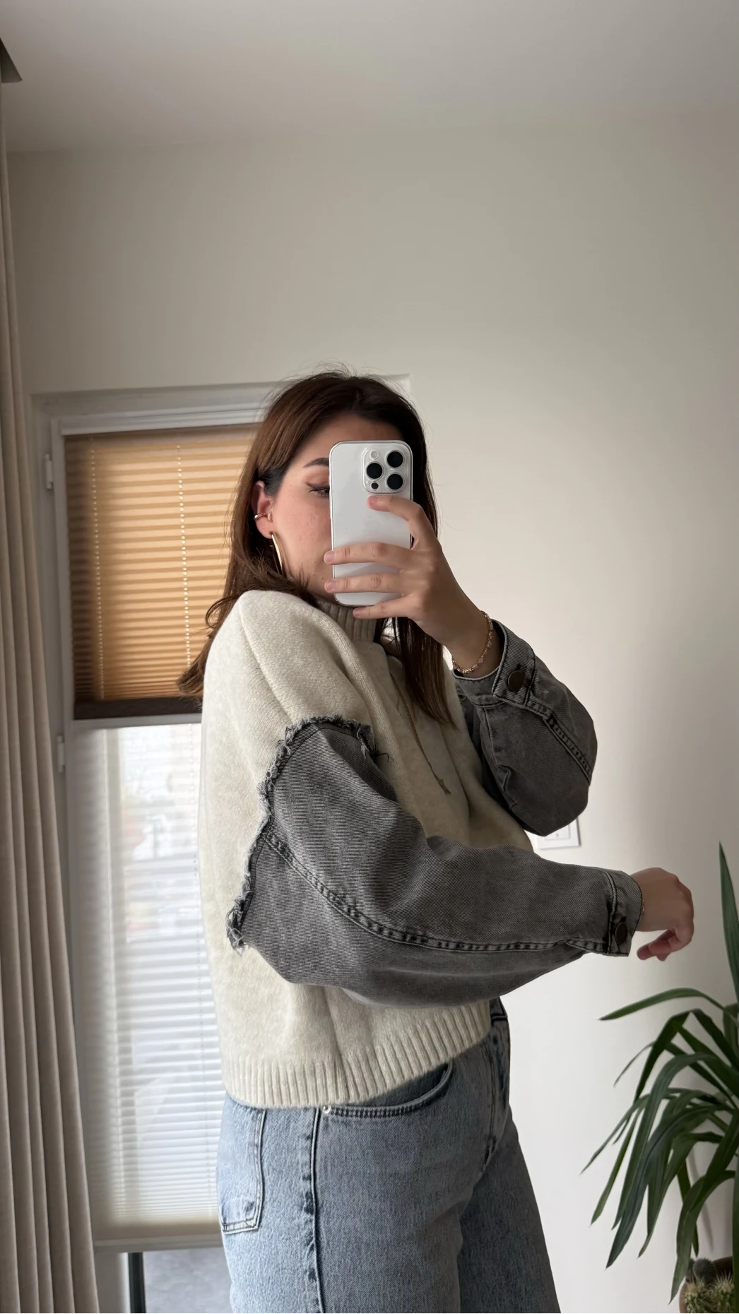 Premium Krem Denim Detay Kazak