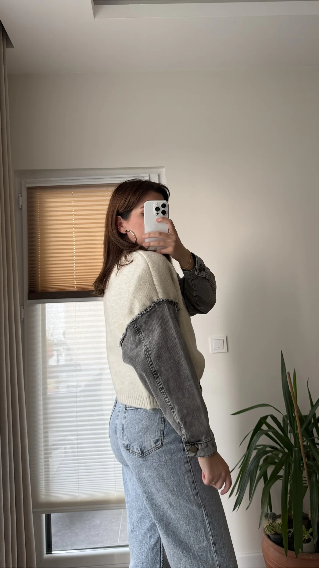 Premium Krem Denim Detay Kazak