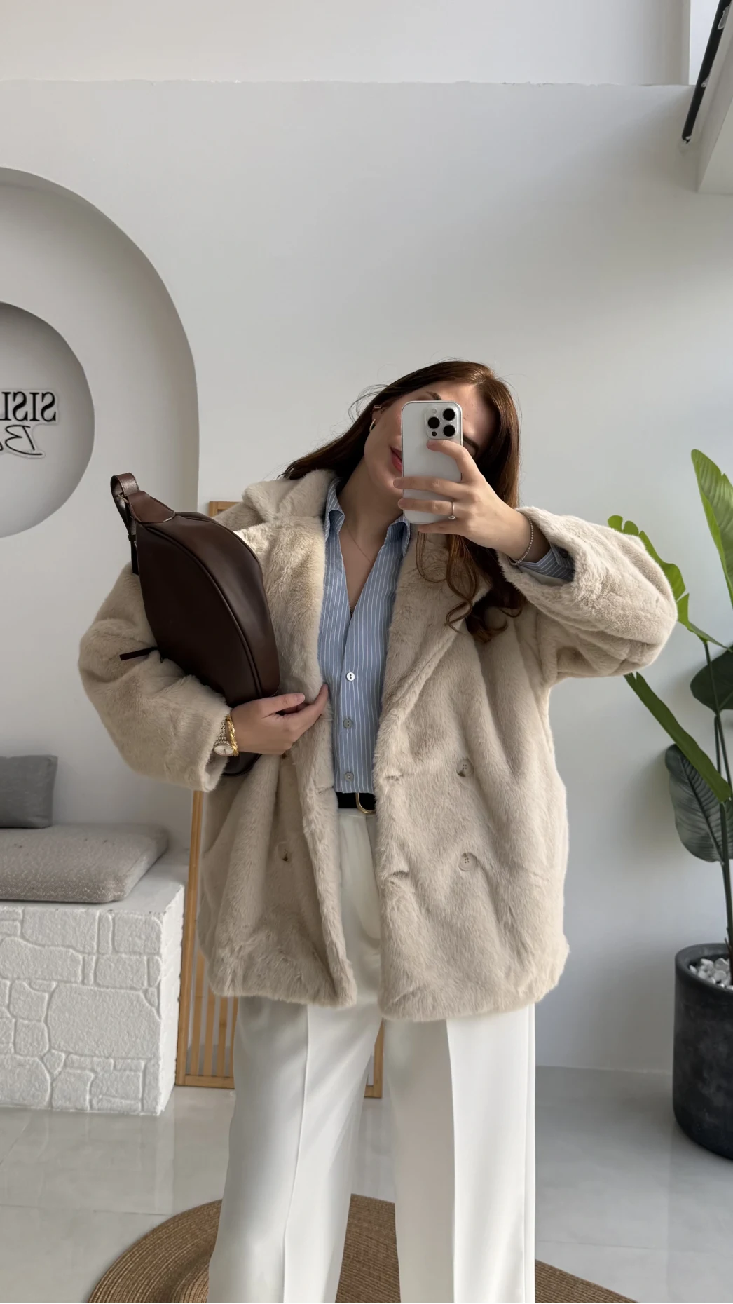 Premium Kürklü Ceket - Bej - Kod: 9621