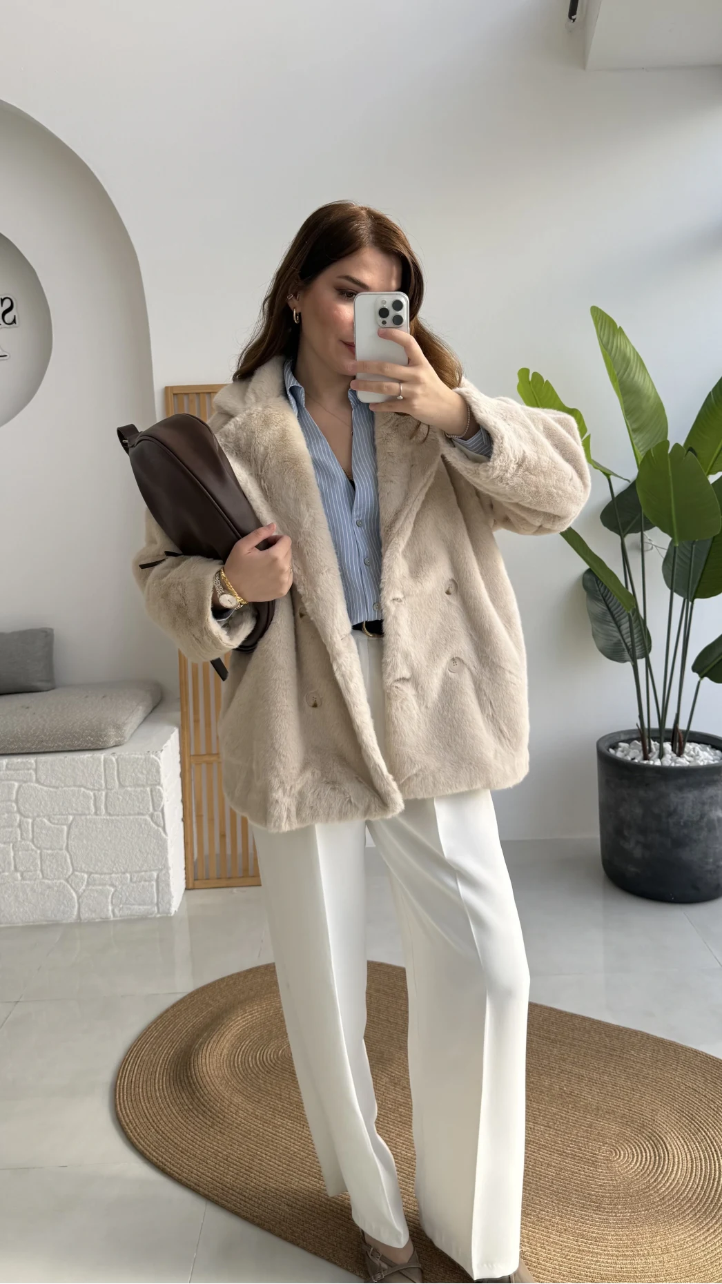 Premium Kürklü Ceket - Bej - Kod: 9621