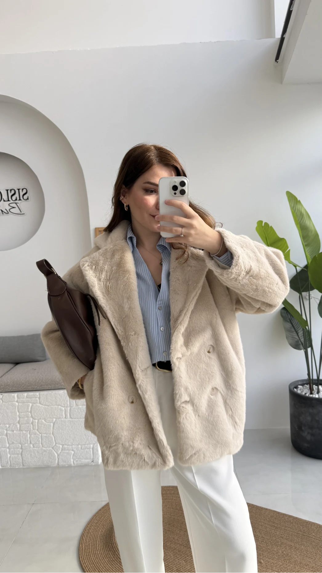 Premium Kürklü Ceket - Bej - Kod: 9621