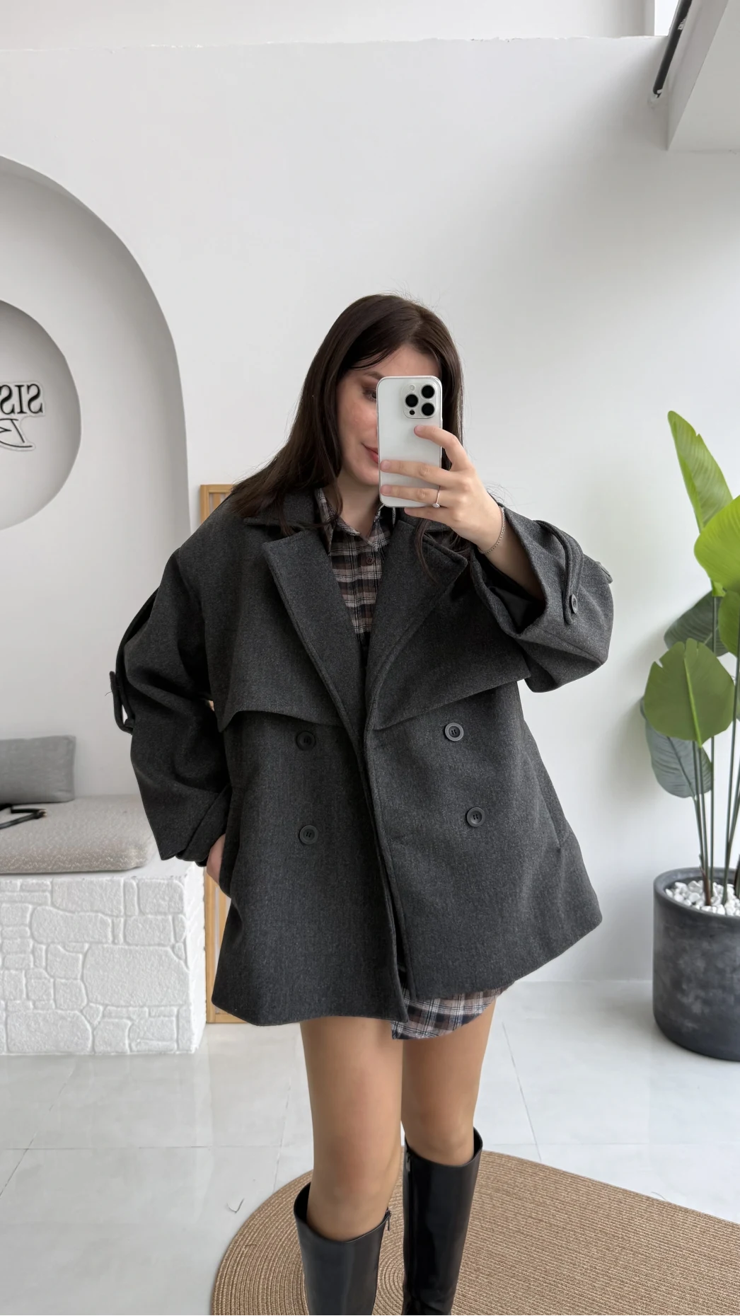 Premium Kuşaklı Kaşe Kaban - Antrasit - Kod: 9669