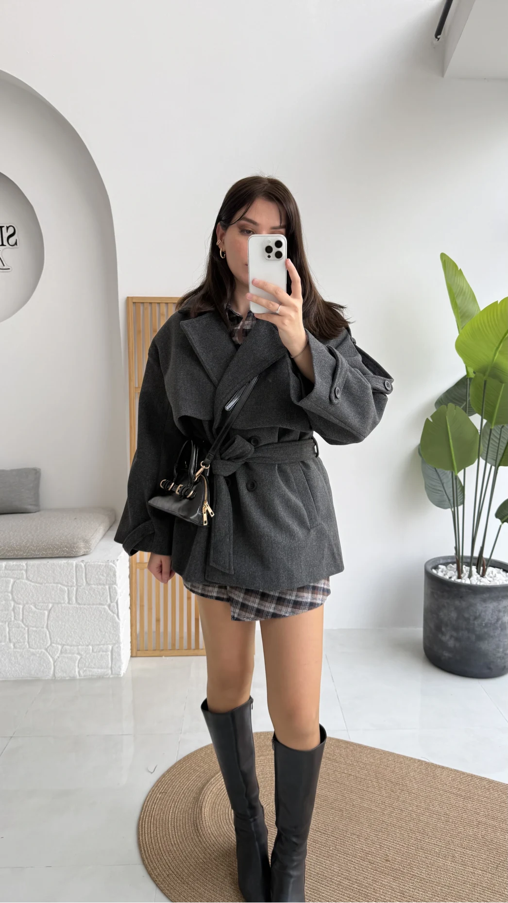 Premium Kuşaklı Kaşe Kaban - Antrasit - Kod: 9669