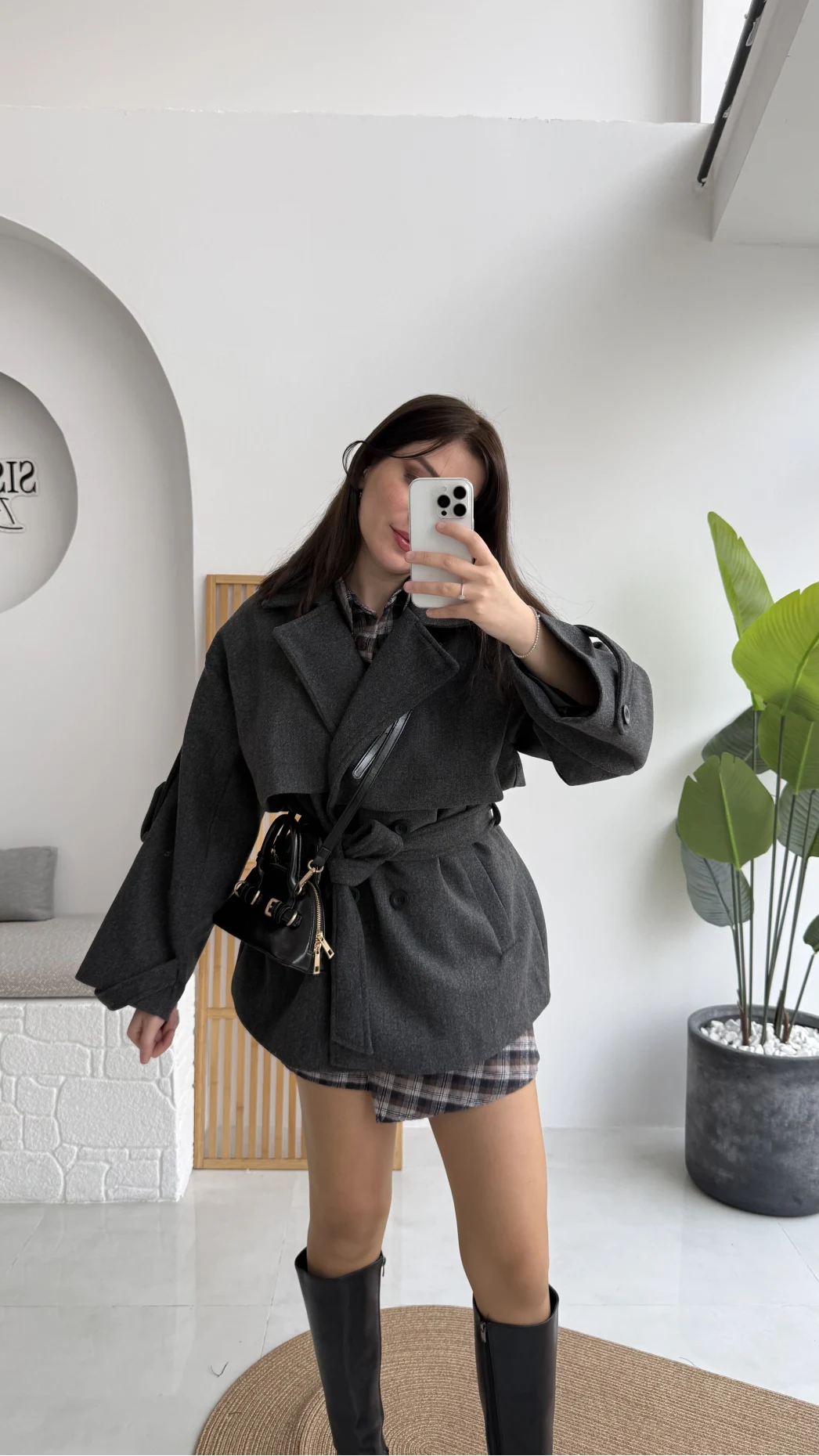 Premium Kuşaklı Kaşe Kaban - Antrasit - Kod: 9669