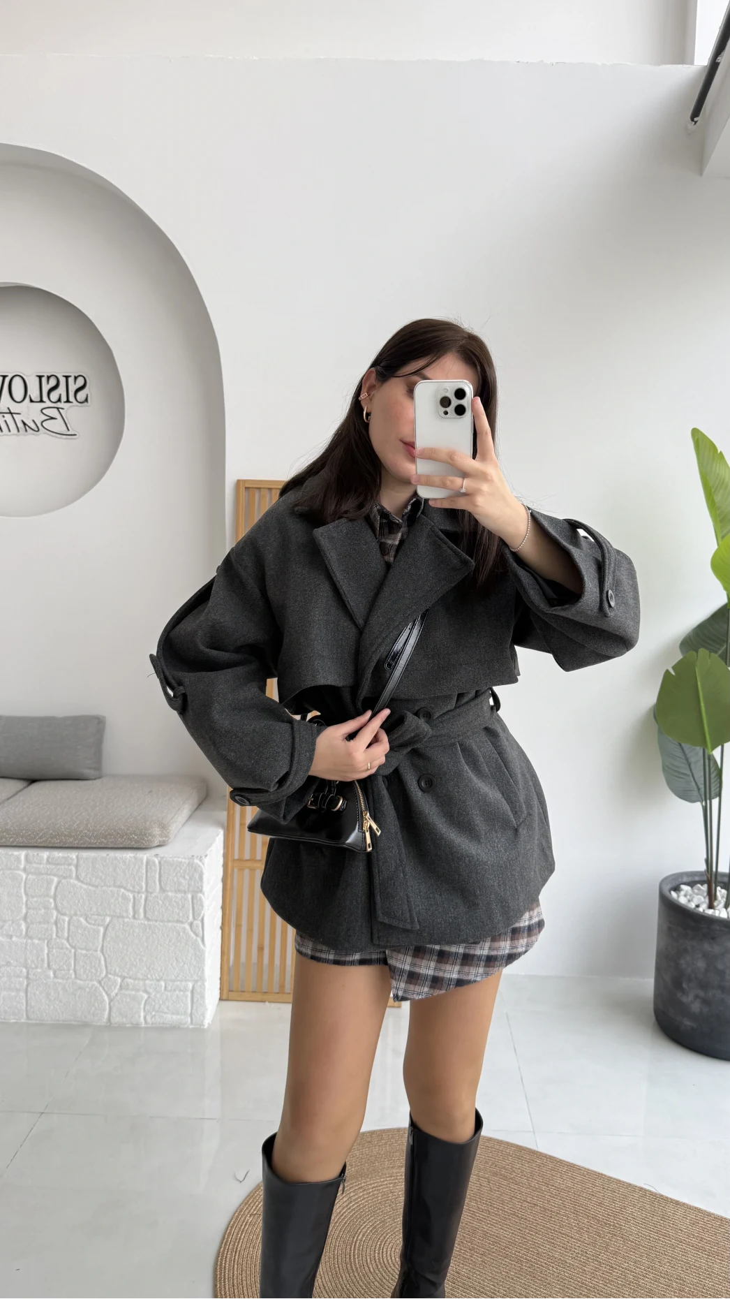 Premium Kuşaklı Kaşe Kaban - Antrasit - Kod: 9669