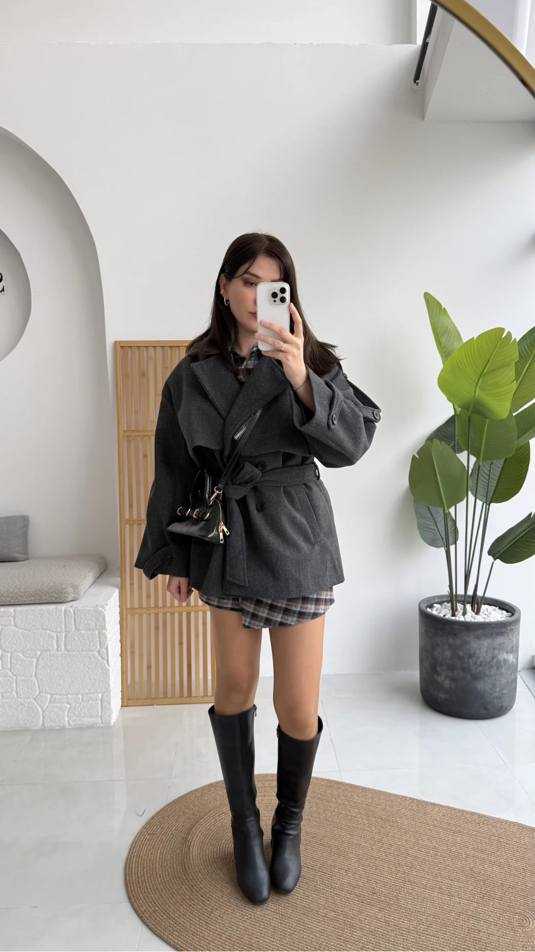 Premium Kuşaklı Kaşe Kaban - Antrasit - Kod: 9669