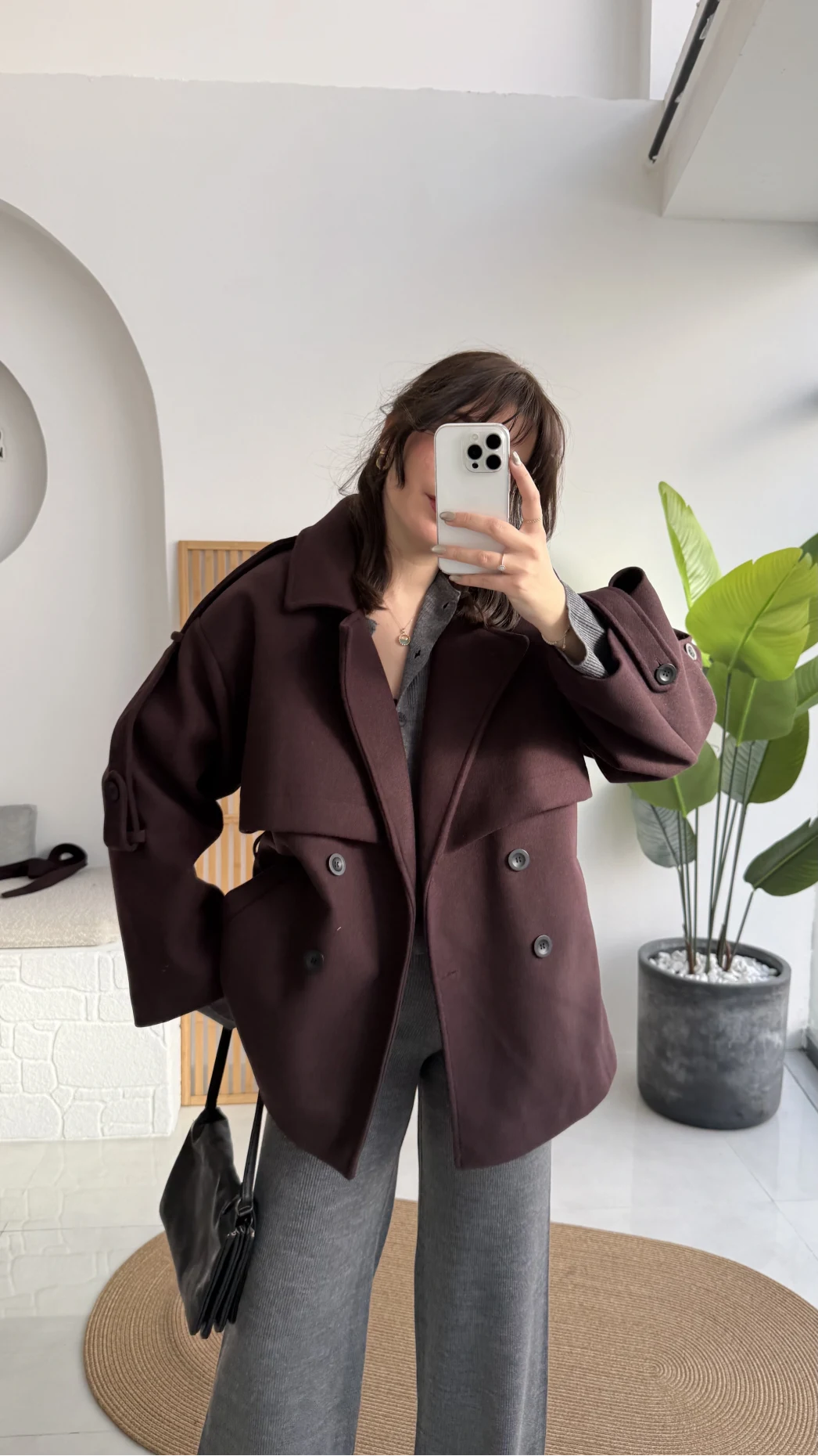 Premium Kuşaklı Kaşe Trenç - Mürdüm Kahve Tonları - Kod: 9669