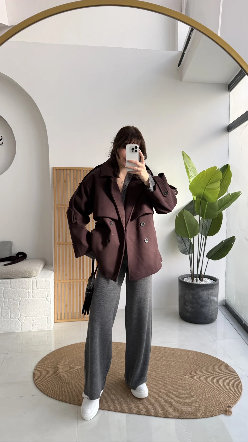 Premium Kuşaklı Kaşe Trenç - Mürdüm Kahve Tonları - Kod: 9669