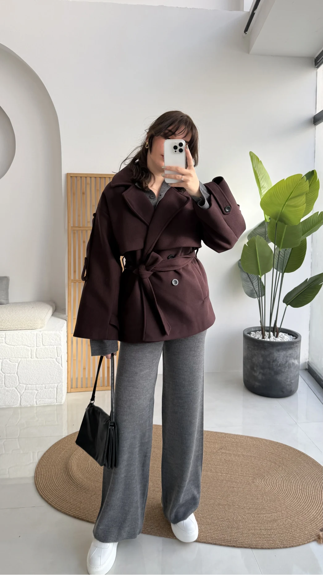 Premium Kuşaklı Kaşe Trenç - Mürdüm Kahve Tonları - Kod: 9669