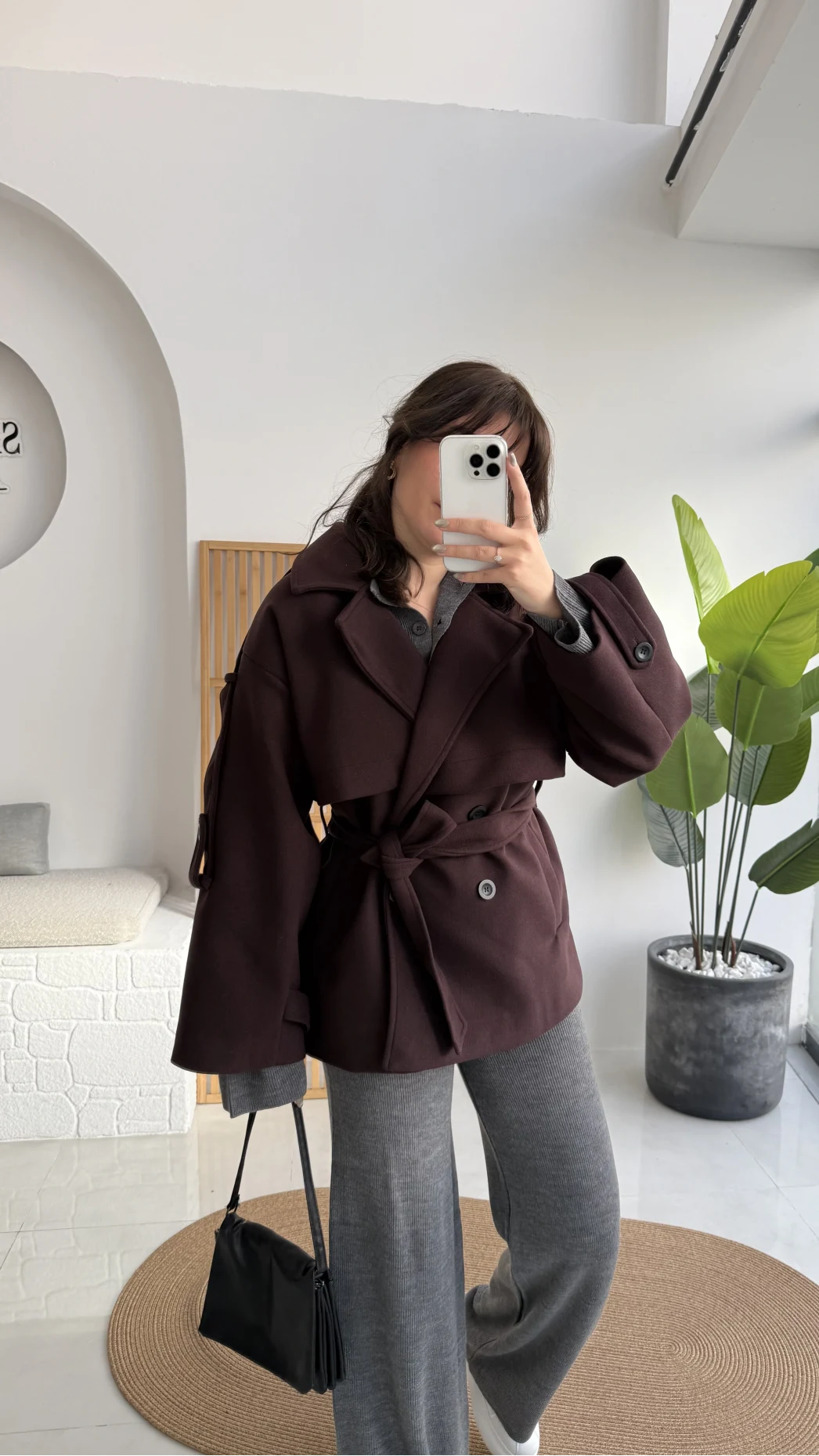 Premium Kuşaklı Kaşe Trenç - Mürdüm Kahve Tonları - Kod: 9669