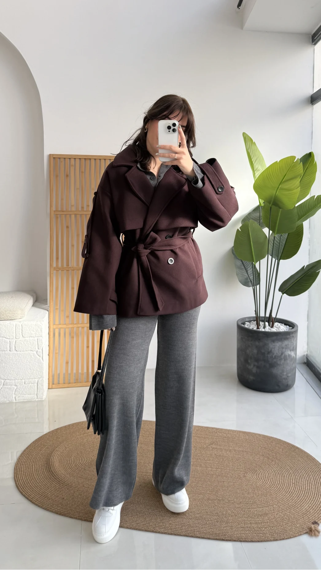 Premium Kuşaklı Kaşe Trenç - Mürdüm Kahve Tonları - Kod: 9669