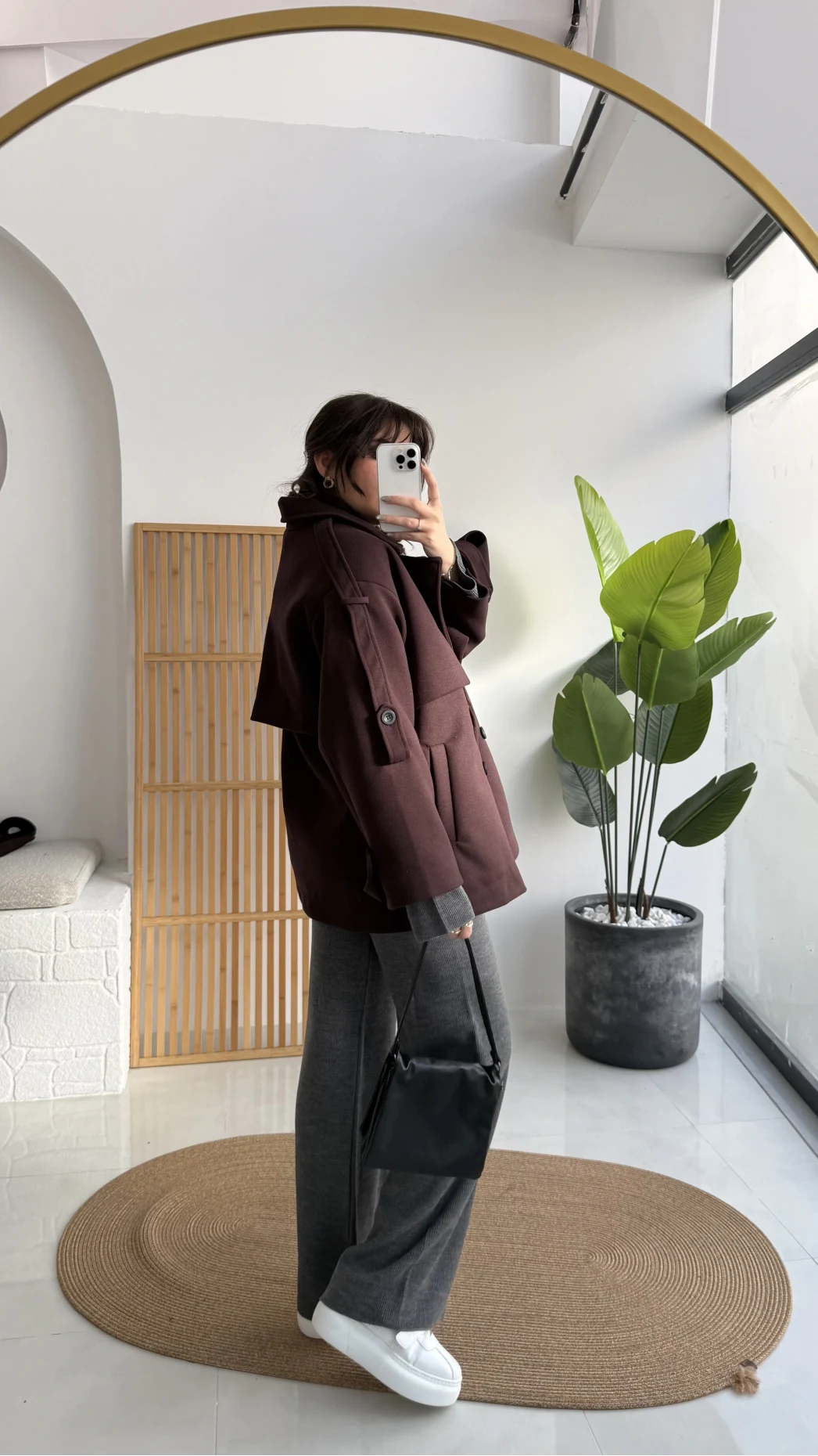 Premium Kuşaklı Kaşe Trenç - Mürdüm Kahve Tonları - Kod: 9669