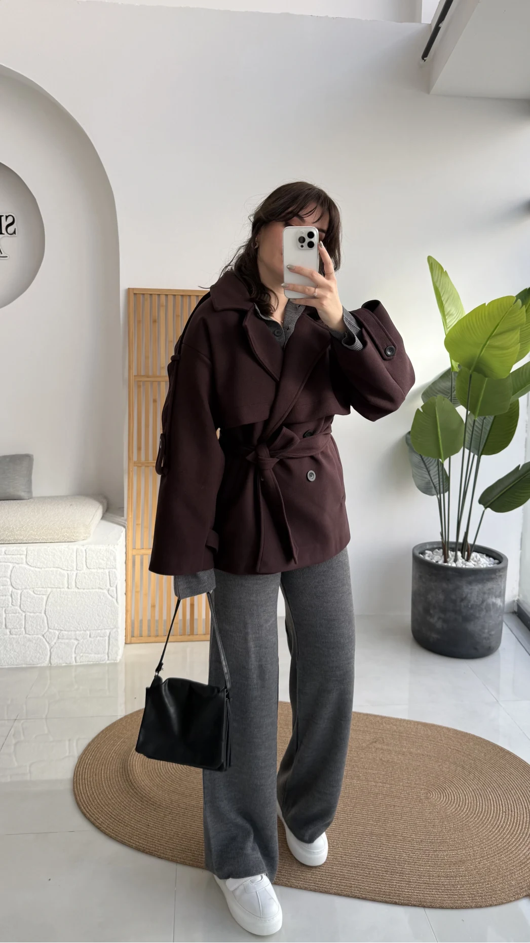 Premium Kuşaklı Kaşe Trenç - Mürdüm Kahve Tonları - Kod: 9669