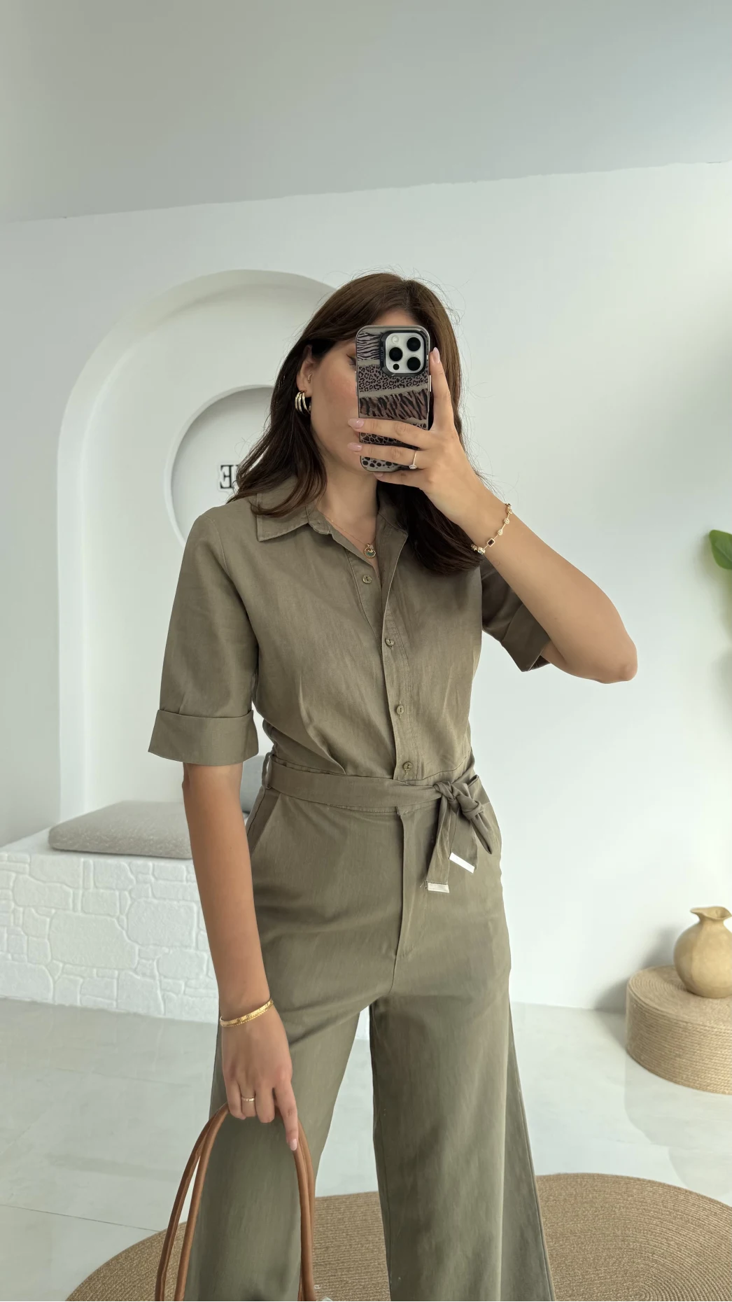Premium Kuşaklı Uzun Tulum - Haki