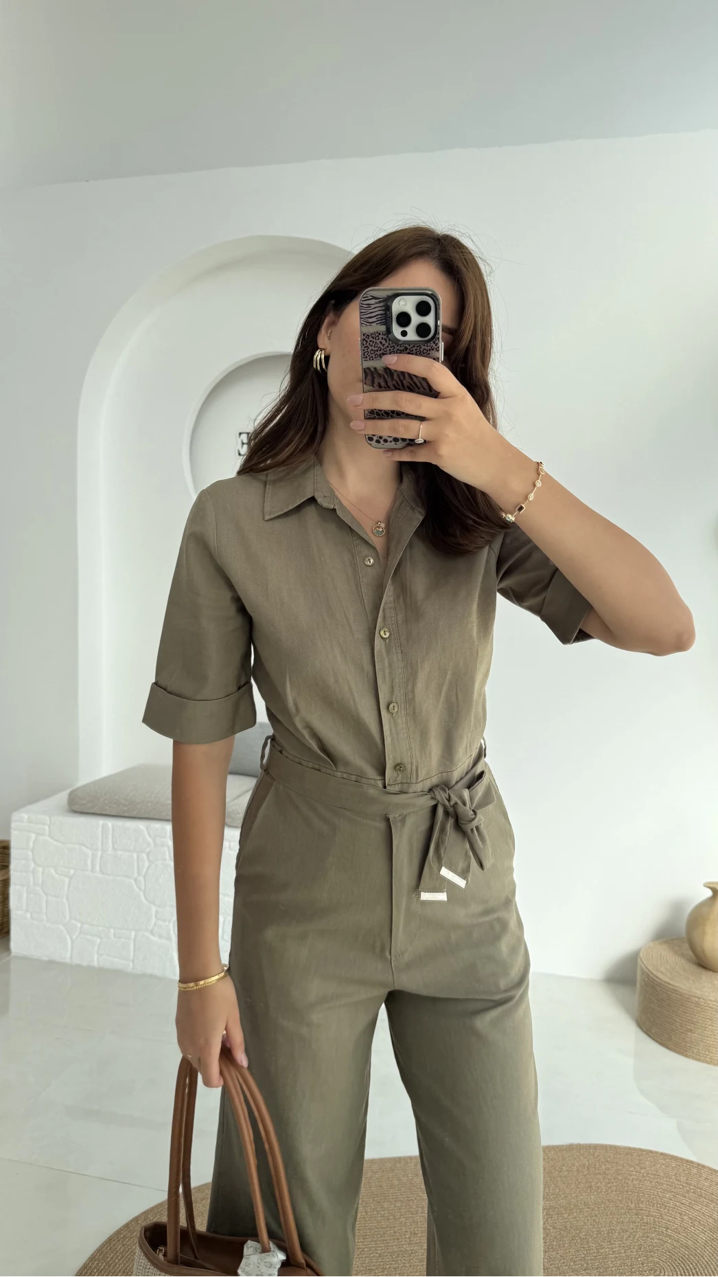Premium Kuşaklı Uzun Tulum - Haki