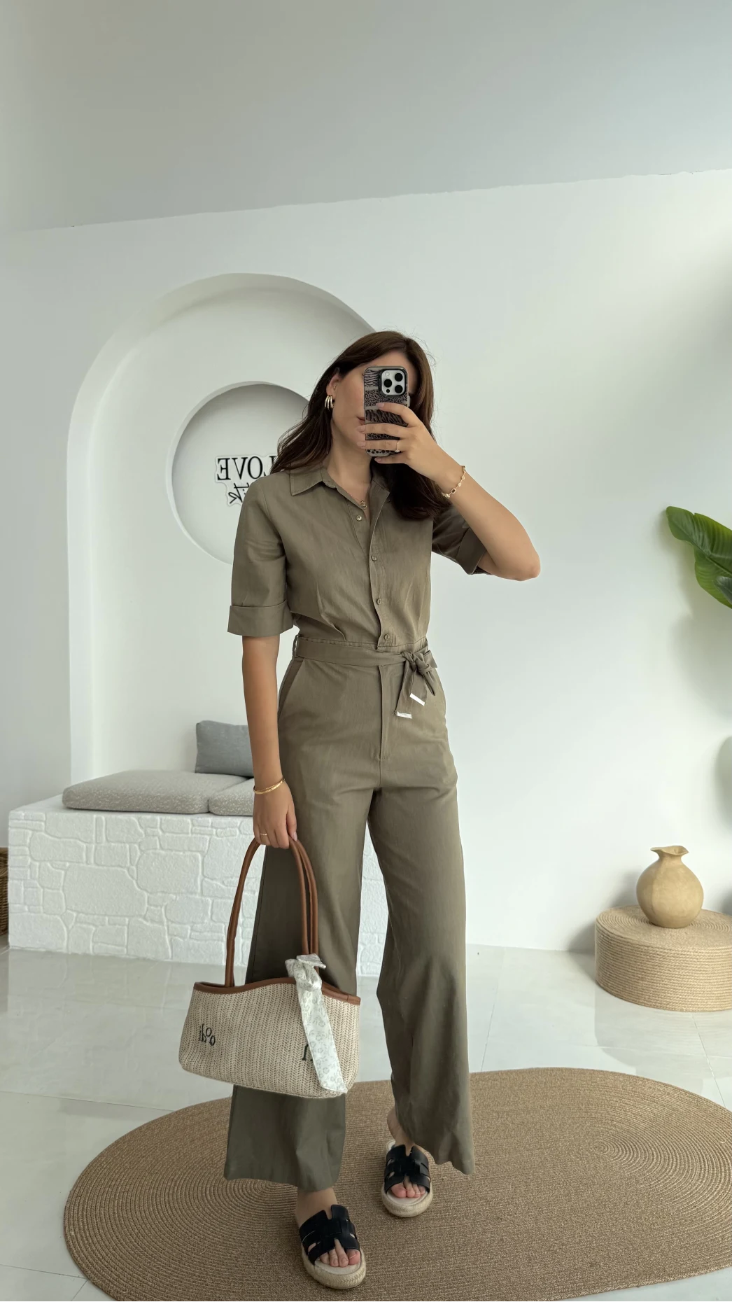 Premium Kuşaklı Uzun Tulum - Haki